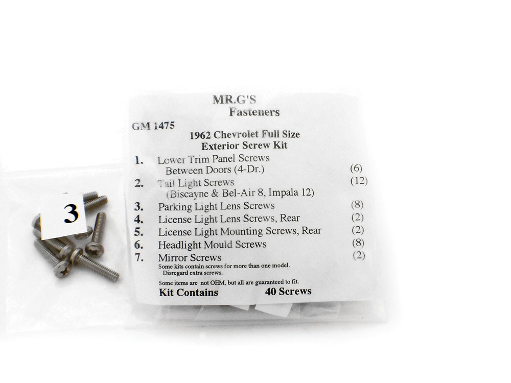 1962 Chevrolet Full-Size Exterior Trim Screw Kit -40 pieces