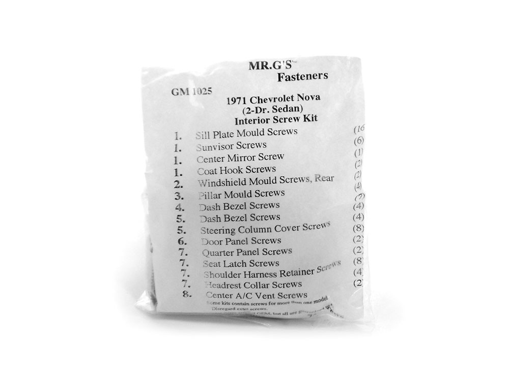 1971 Chevrolet Nova 2 Door Sedan Interior Trim Screw Kit -72 pieces