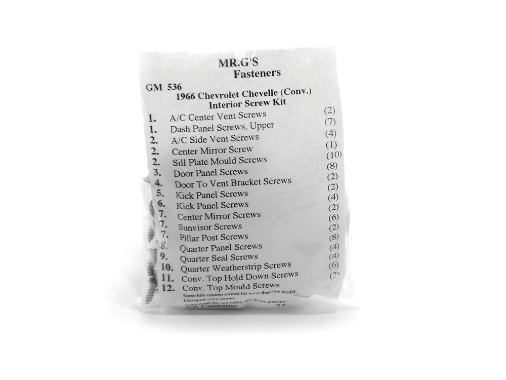 1966 Chevrolet Chevelle Convertible Interior Trim Screw Kit -74 pieces