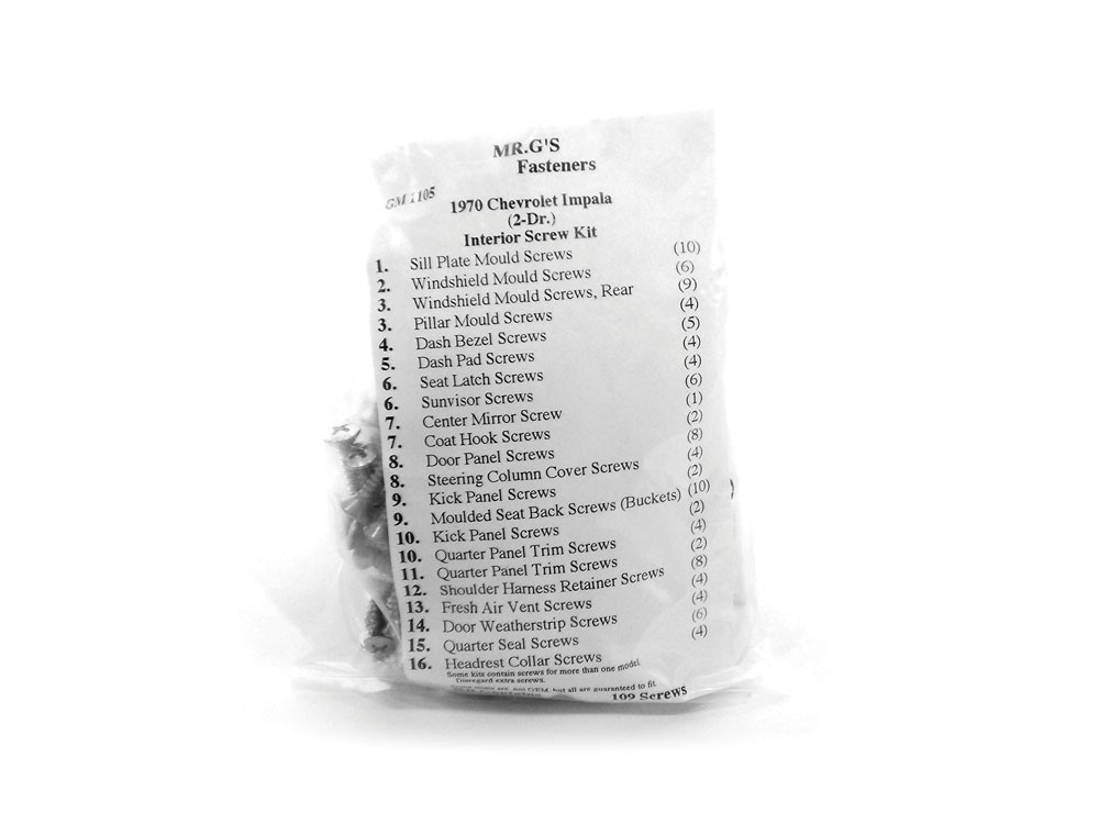 1970 Chevrolet Impala 2 Door Interior Trim Screw Kit -109 pieces