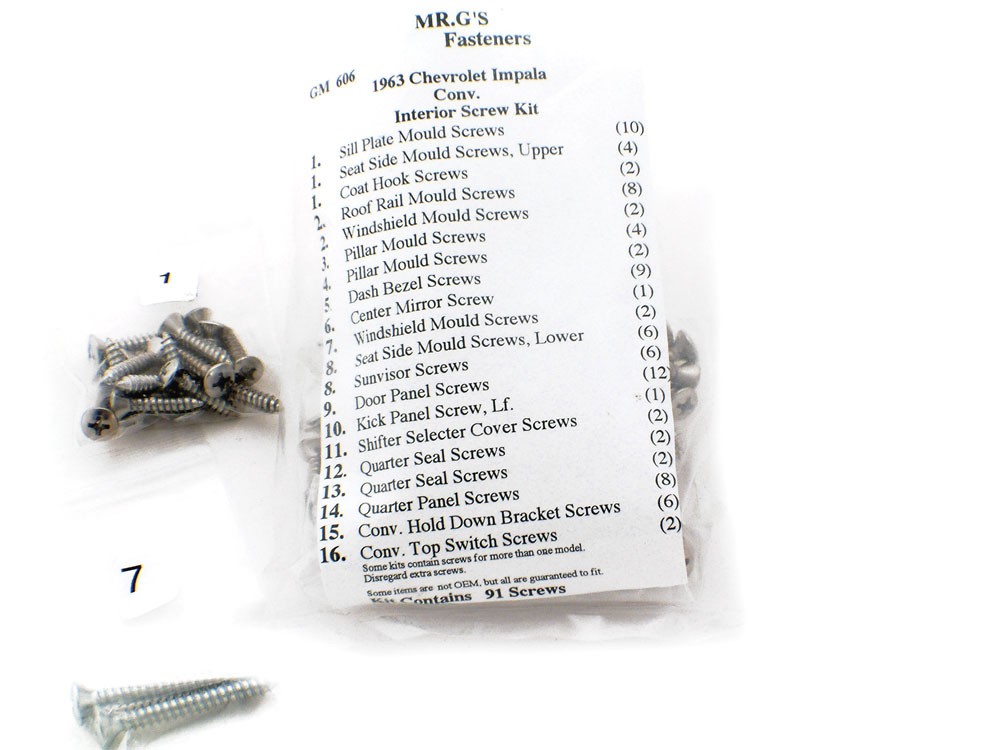 1963 Chevrolet Impala Convertible Interior Trim Screw Kit -91 pieces