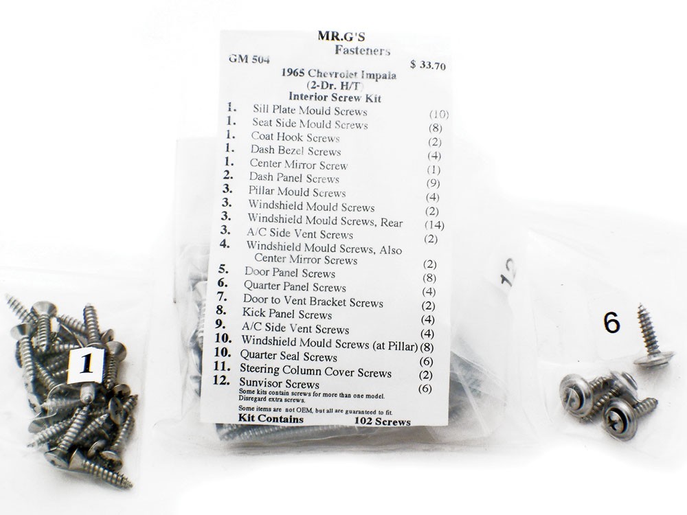 1965 Chevrolet Impala 2 Door Hardtop Interior Trim Screw Kit -102 pieces