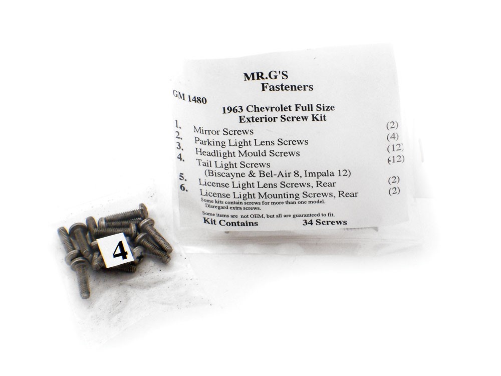 1963 Chevrolet Full-Size Exterior Trim Screw Kit -34 pieces