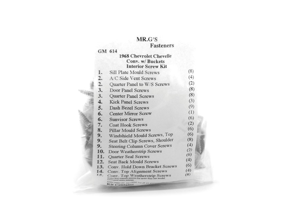 1968 Chevrolet Chevelle Convertible (With Bucket Seats) Interior Trim Screw Kit -105 pieces