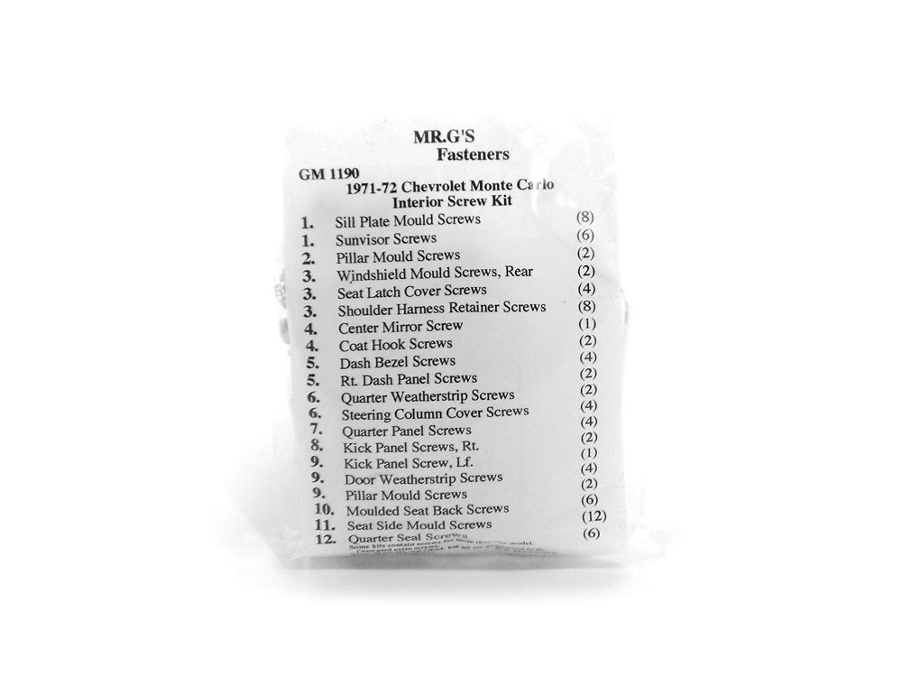 1971-1972 Chevrolet Monte Carlo Interior Trim Screw Kit -82 pieces