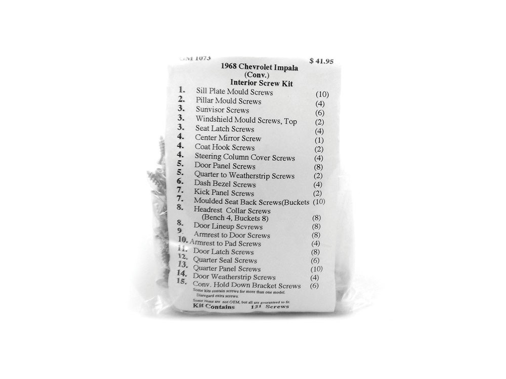 1968 Chevrolet Impala Convertible Interior Trim Screw Kit -121 pieces