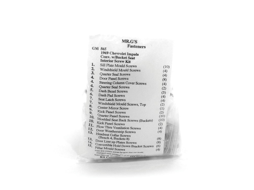 1969 Chevrolet Impala Convertible (With Bucket Seats) Interior Trim Screw Kit -98 pieces